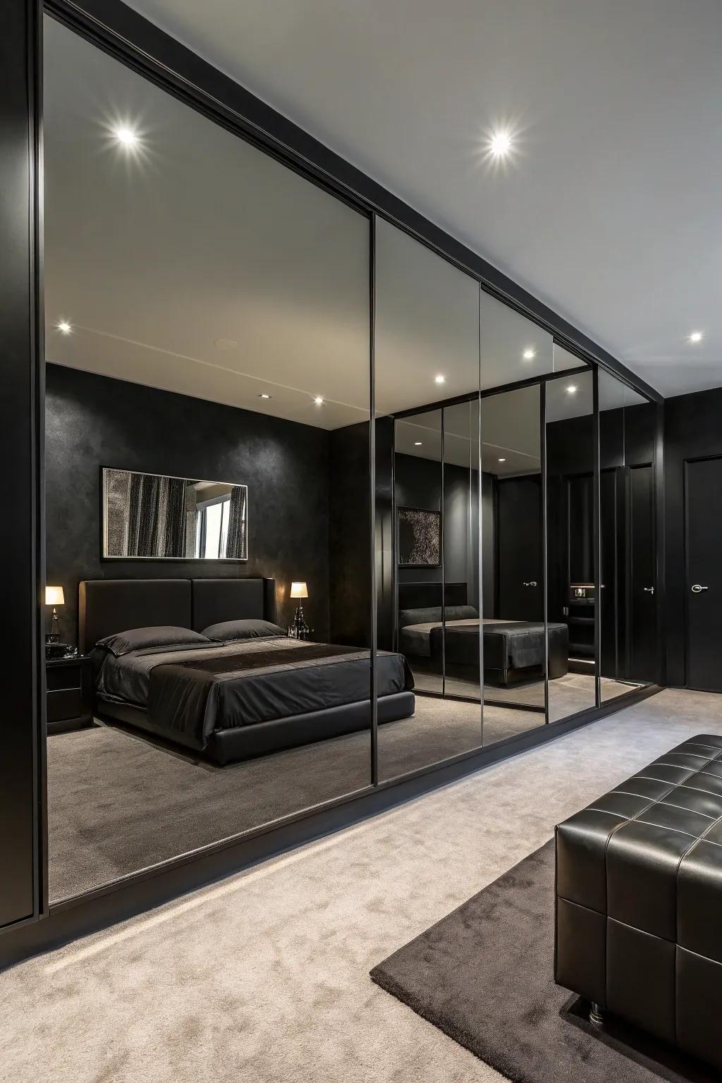 Large mirrors expand space and reflect light in this chic black bedroom.
