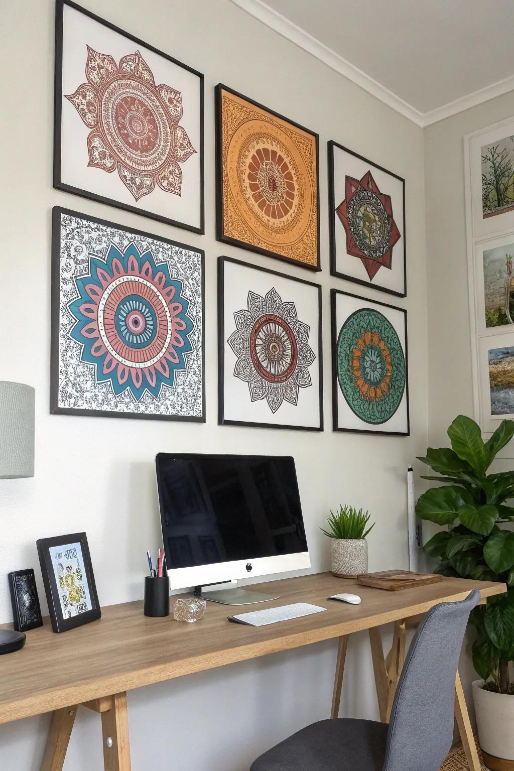 Framed digital circular motif designs adding a modern flair to a home office.