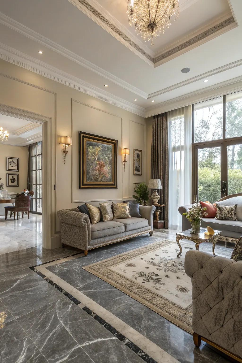 Grey marble flooring presents ageless sophistication.