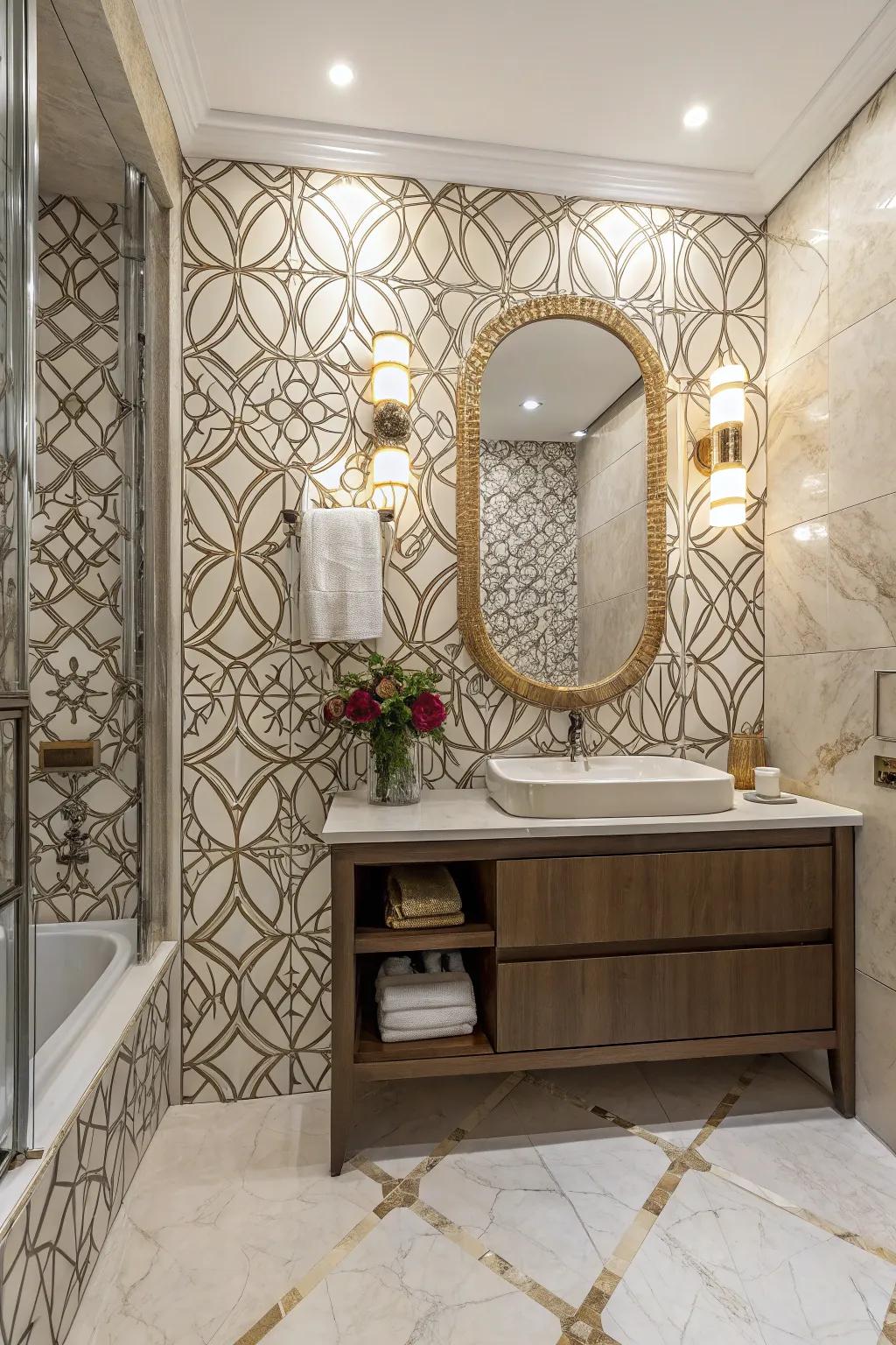 An eye-catching accent wall with intricate marble porcelain tile patterns.