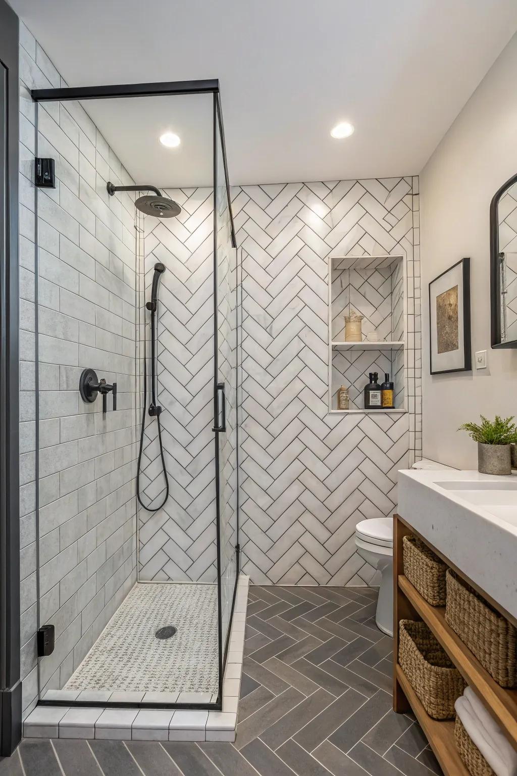 A shower featuring herringbone patterned tiles, offering a blend of classic and modern styles.