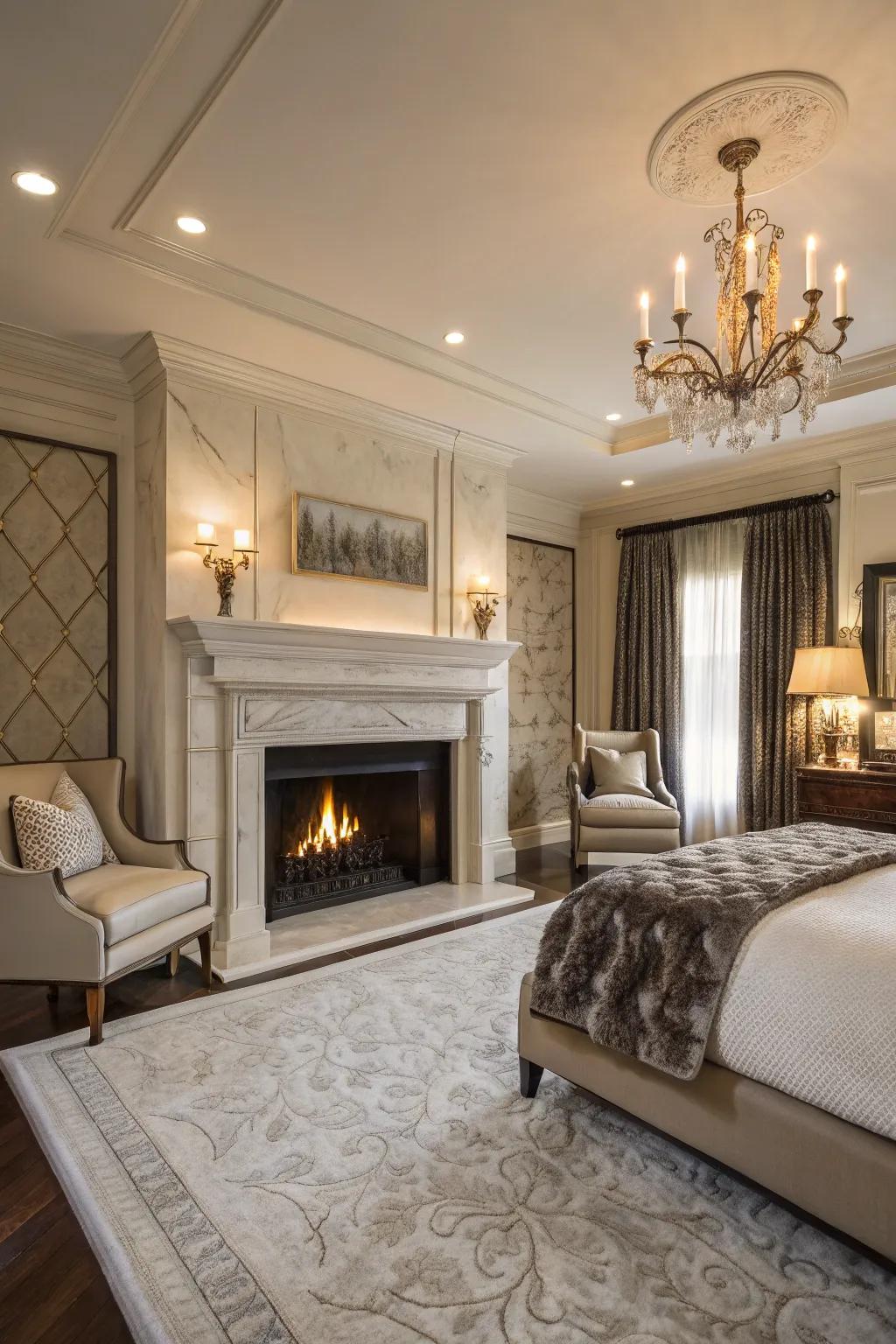 Marble surrounds contribute a luxurious touch to your main bedroom.