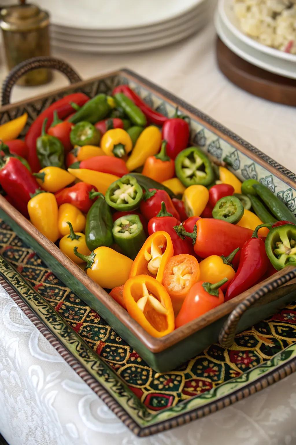 A collection of colorful peppers adds crunch and visual appeal.