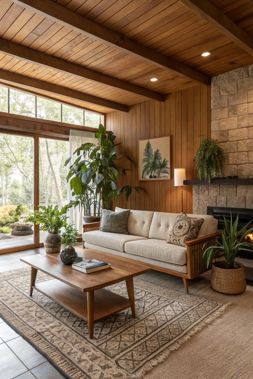 Natural wood finishes add warmth and organic texture to this mid-century modern space.