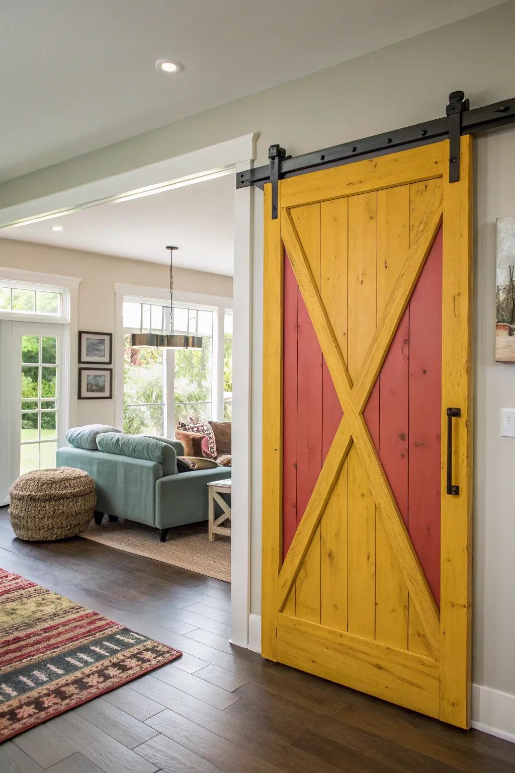 A bold-colored barn door serves as a striking focal point.