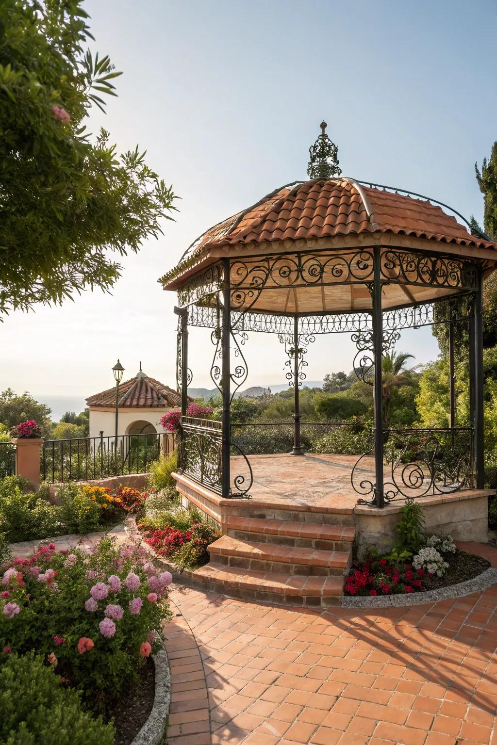 A Mediterranean-style gazebo that exudes elegance and warmth.