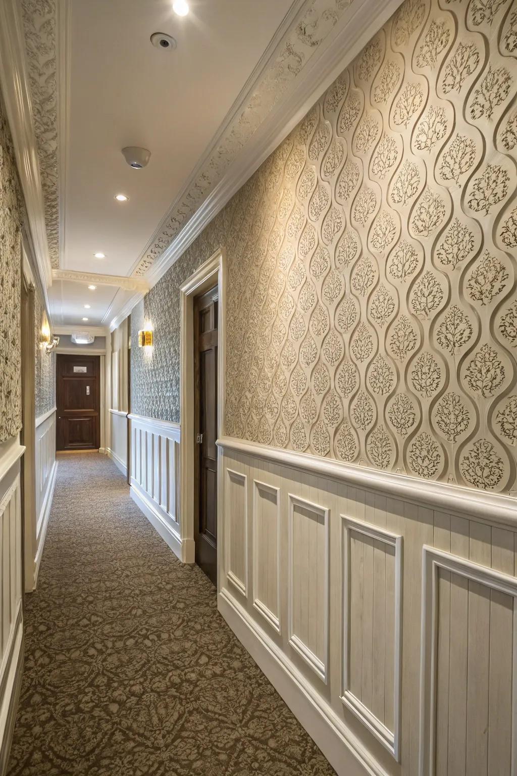 Textured walls enhance the hallway with sophistication and depth.
