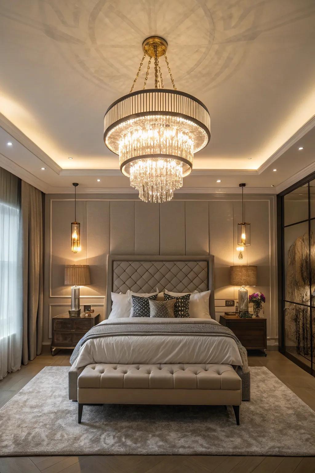This contemporary primary bedroom is made more elegant by a stylish chandelier.