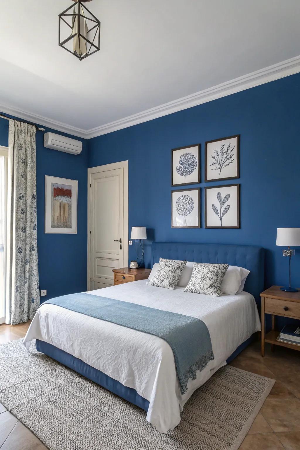 The minimalistic art pieces complement the royal blue theme, enhancing elegance.