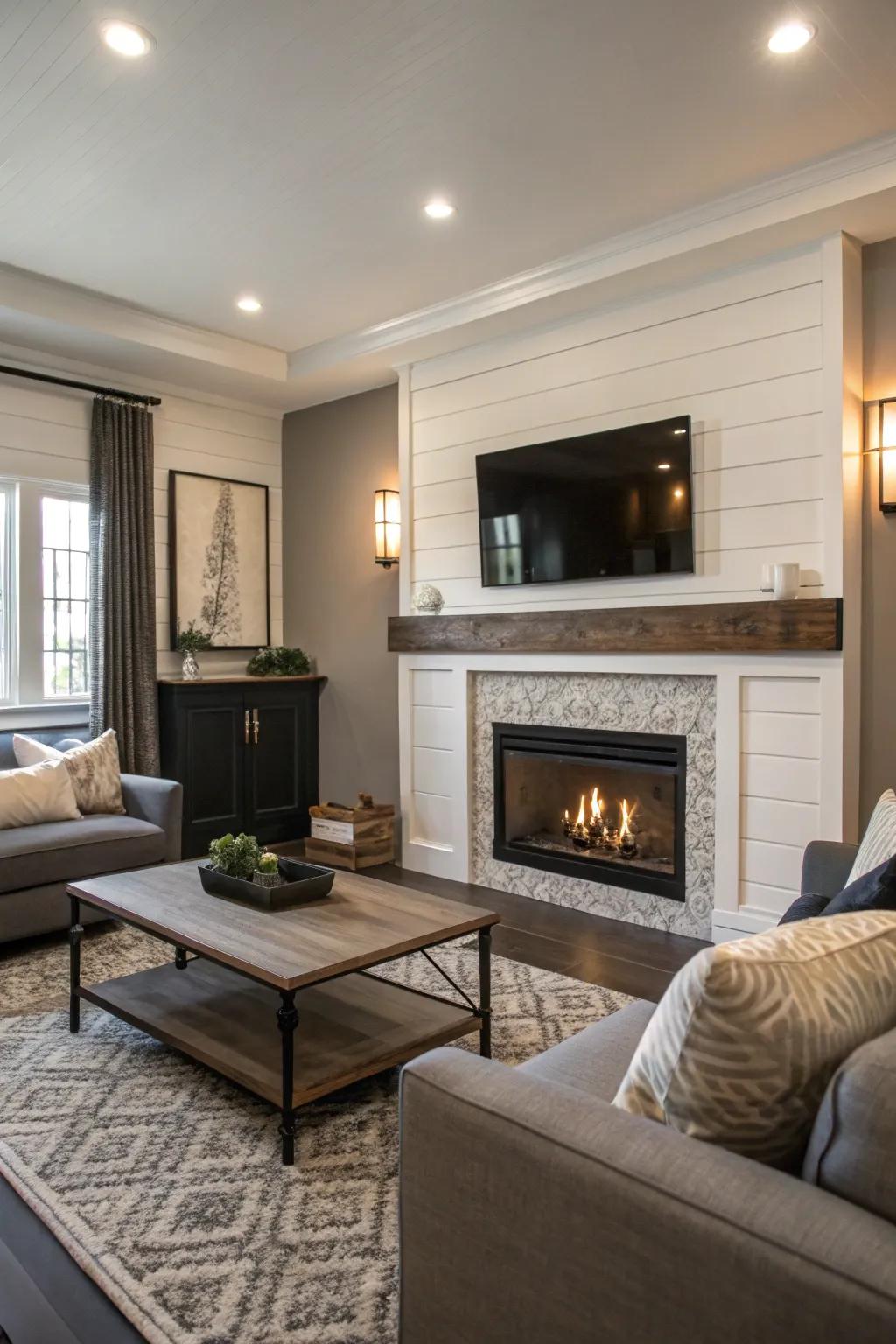 A two-tone shiplap fireplace that enhances depth and sophistication.