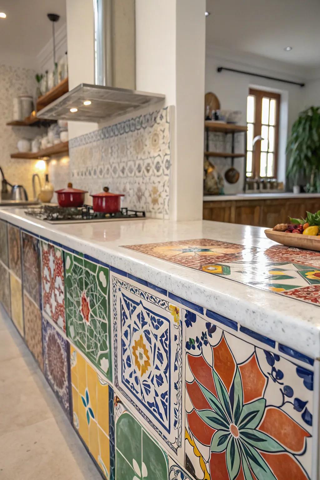 Zellige tiles infuse this kitchen with Moroccan charm and vibrant texture.