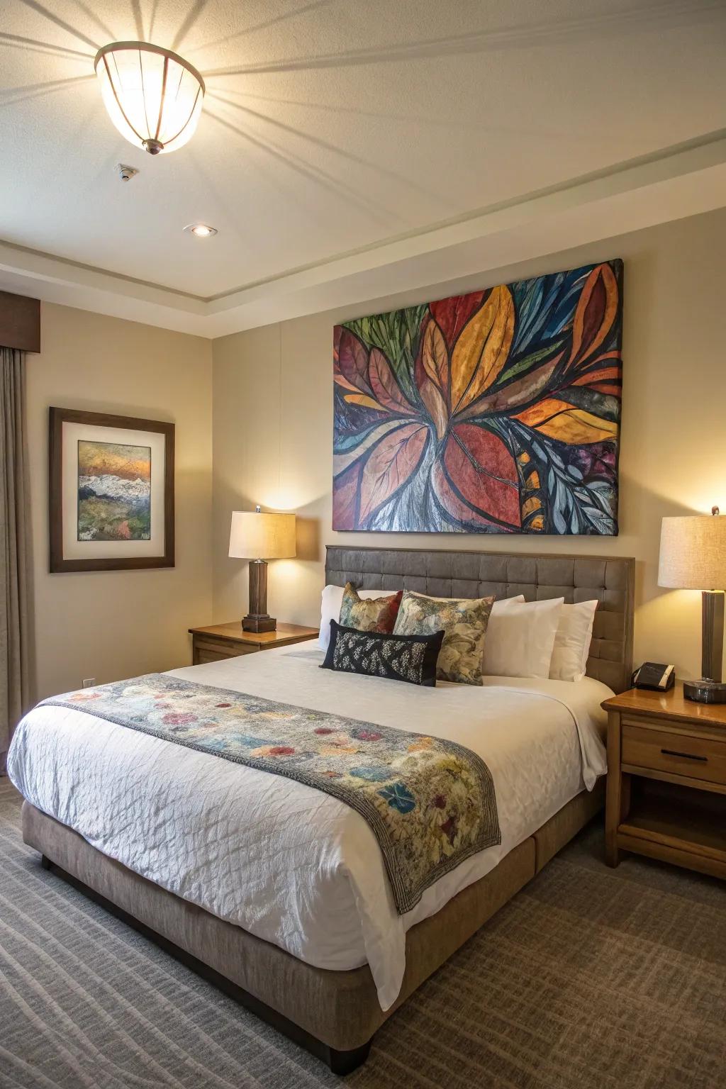 A bedroom showcasing a large non-figurative art piece over the bed.
