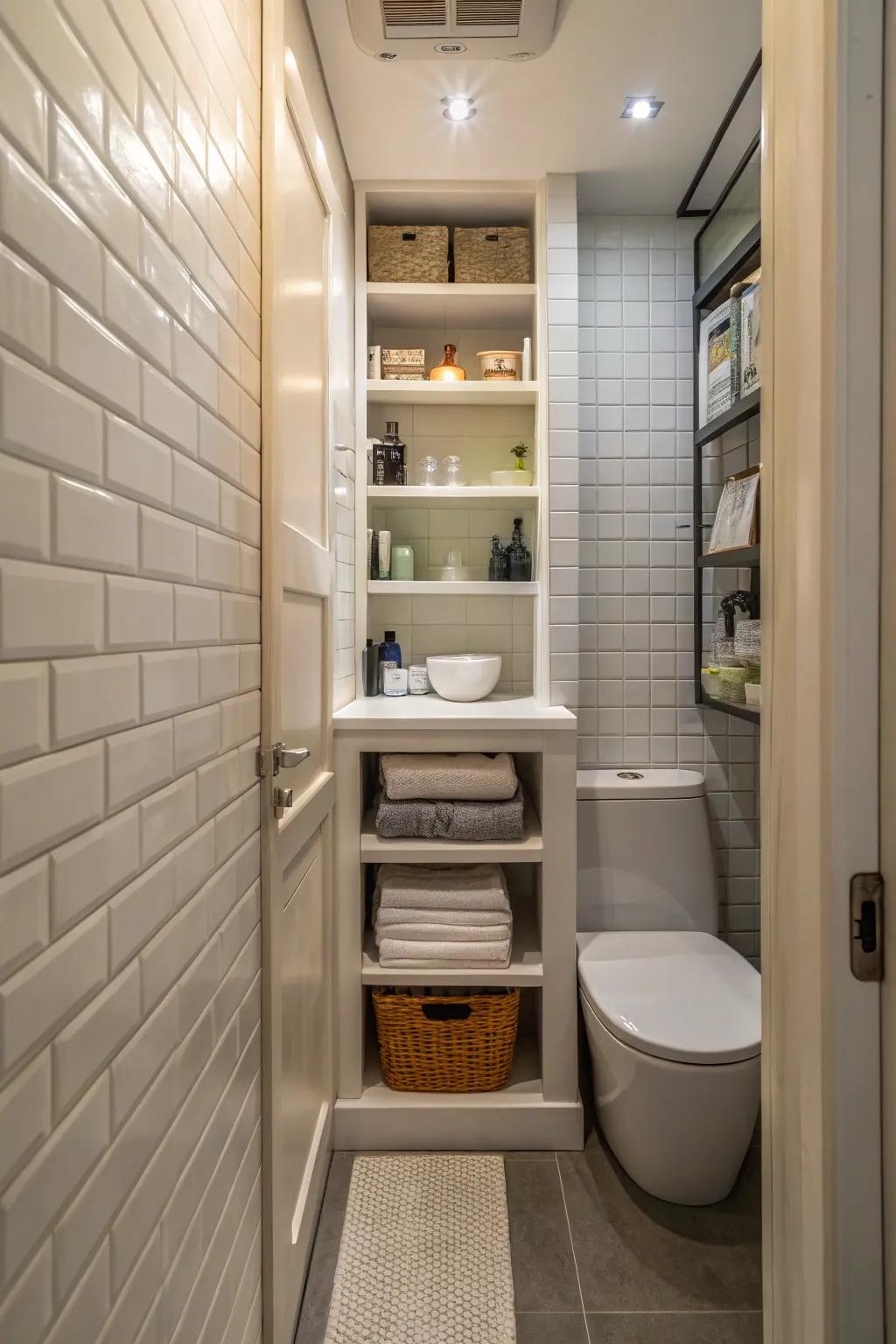 Inset shelving integrates storage seamlessly within compact bathroom designs.