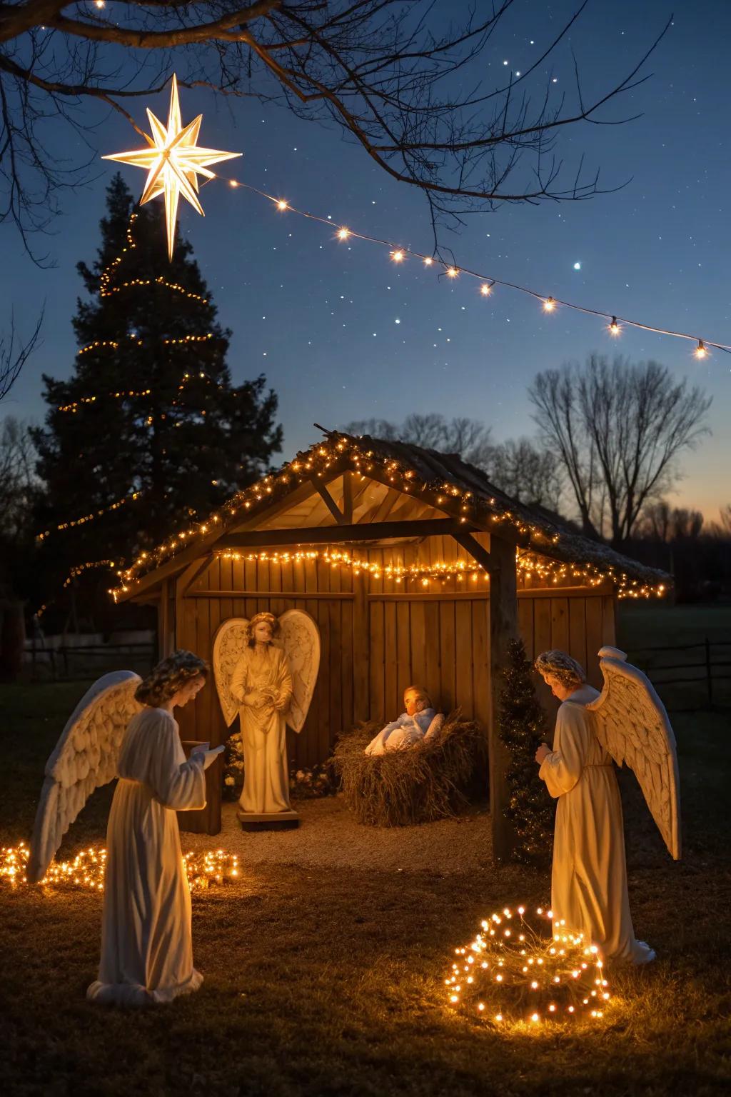 Angelic figures and glowing lights craft a serene nativity scene.