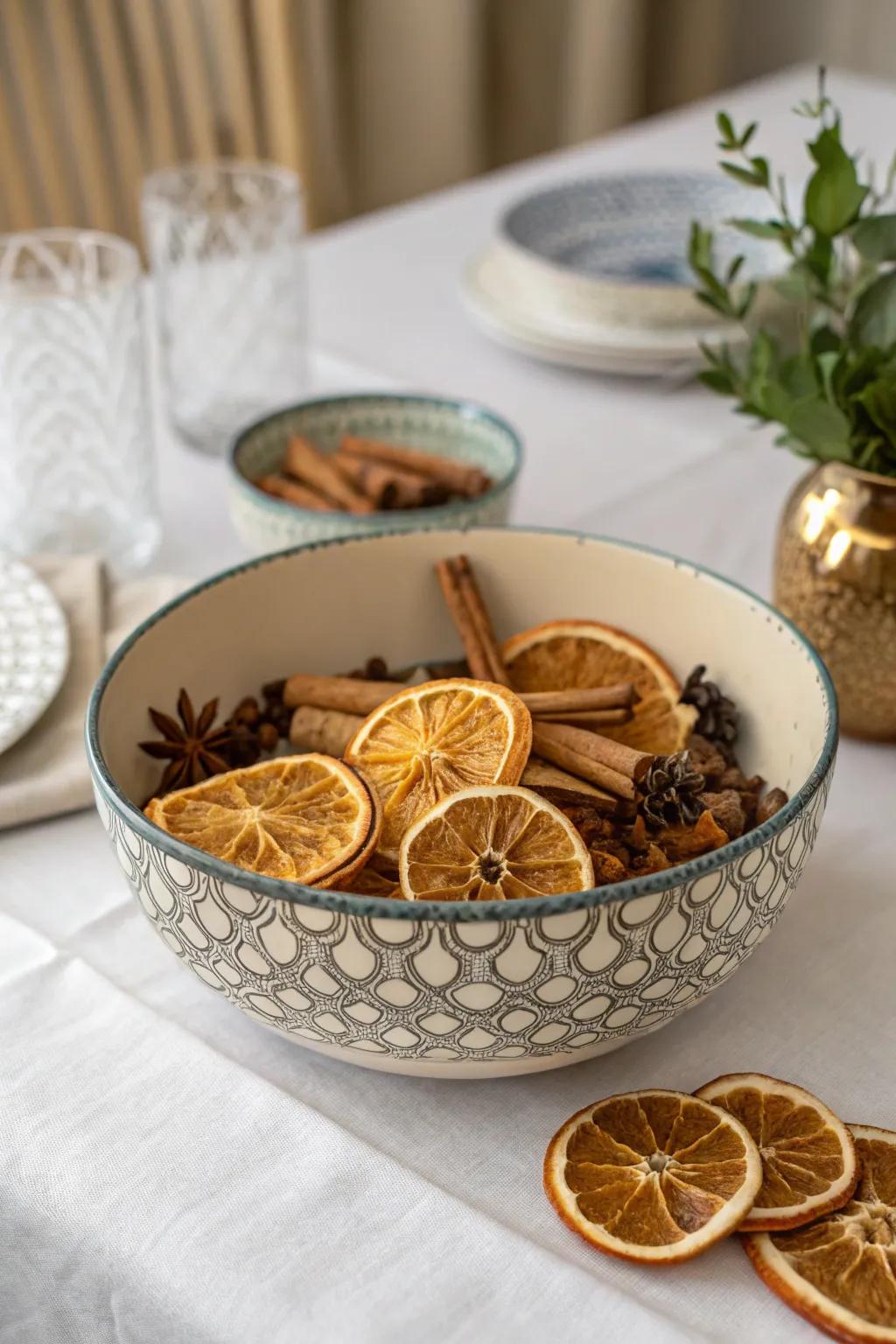 A vibrant potpourri that serves as a beautiful and fragrant centerpiece.