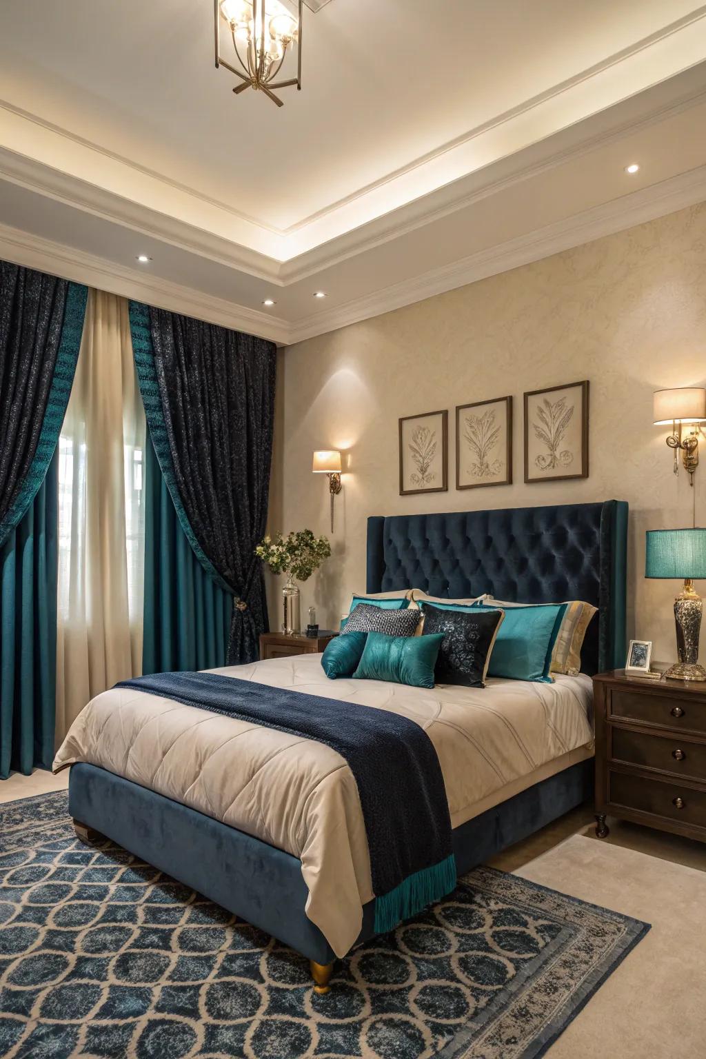 In a teal-toned room, midnight window coverings offer a gorgeous frame for windows.