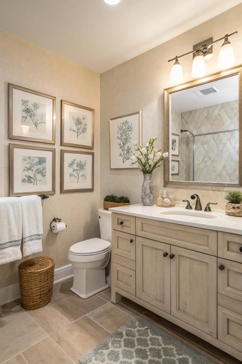 Subtle wall art adds a personal touch to this neutral bathroom.