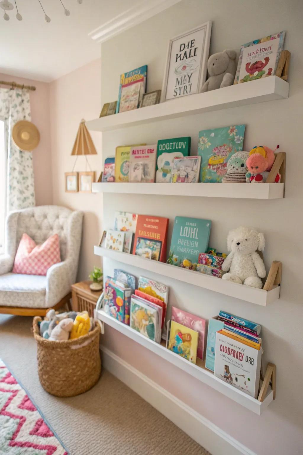 Floating shelves present a tidy and effective method for storing literature within the nursery.
