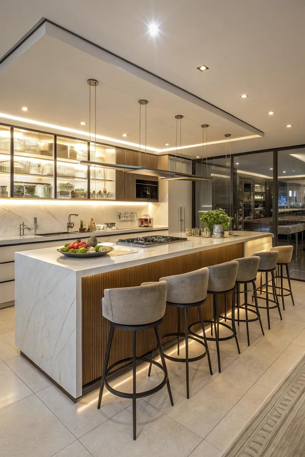 Bar seating around the kitchen island promotes social interaction.