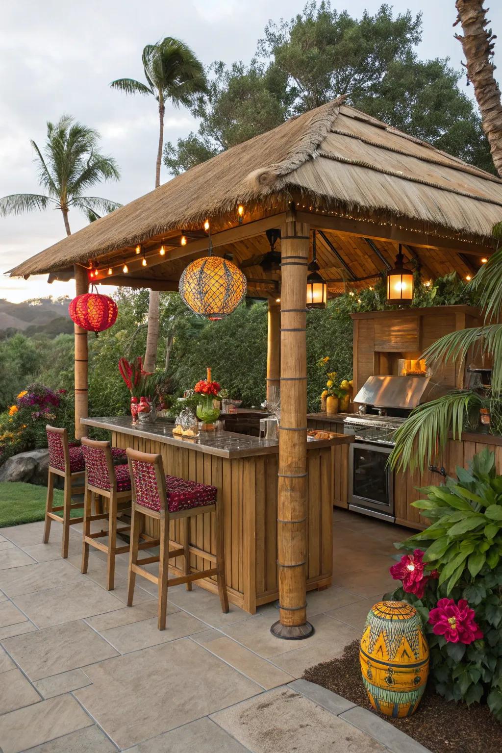Journey to a tropical paradise with a tiki-inspired outdoor kitchen gazebo.