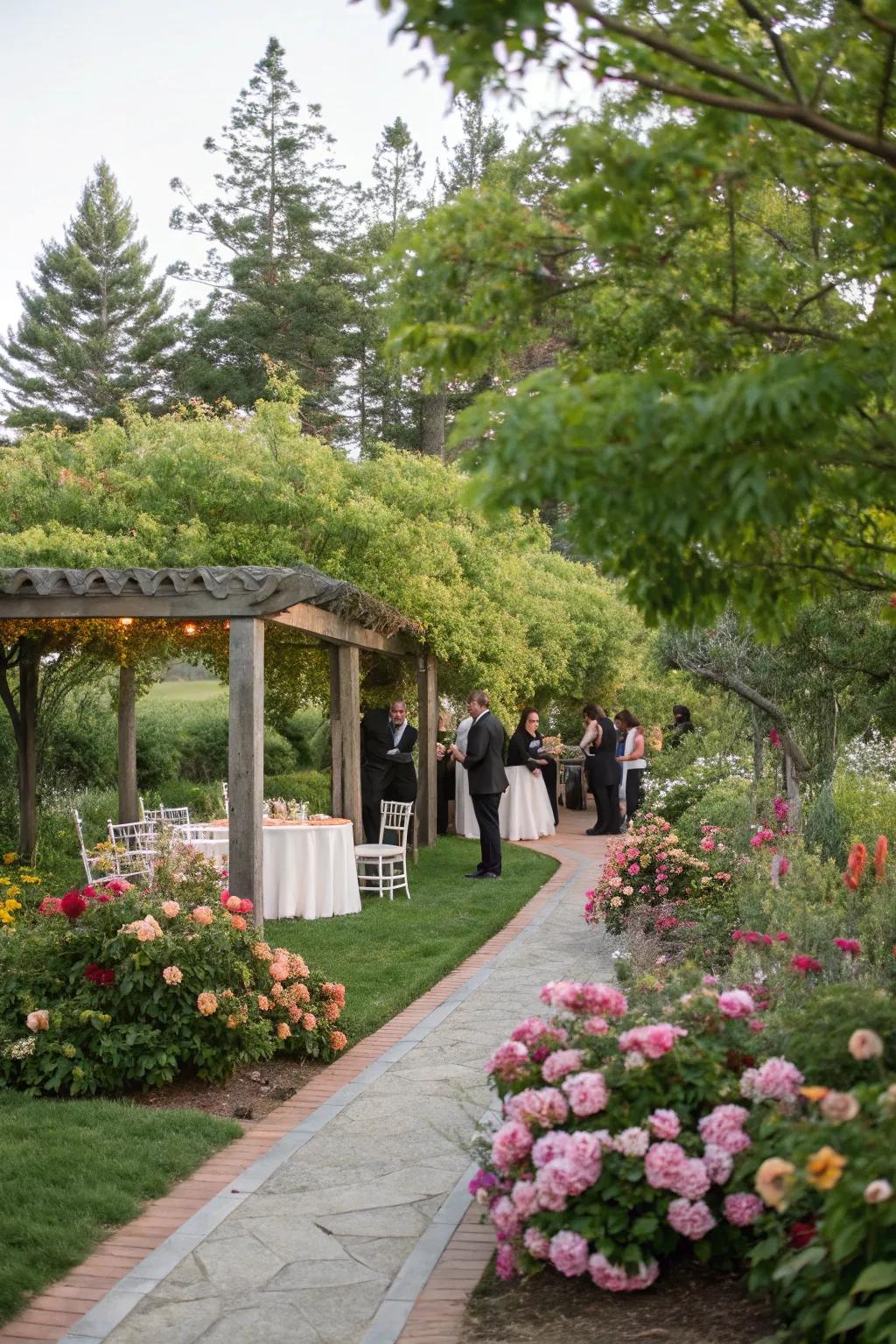 A garden backdrop adds natural beauty to any outdoor reception.