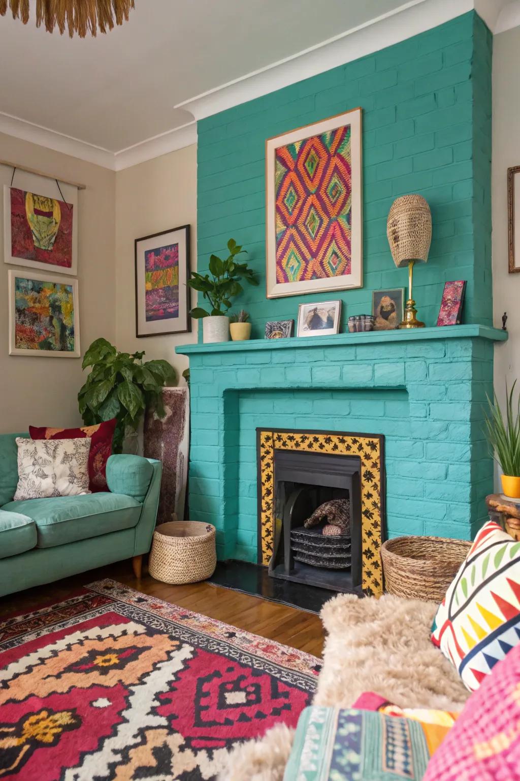 A fireplace painted in cyan, introducing a vibrant burst of color.