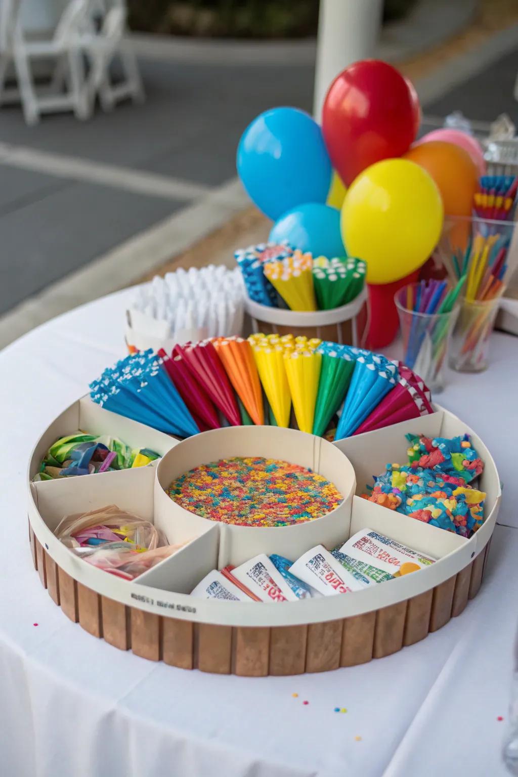 Circular arrangement for easy access to party favors.