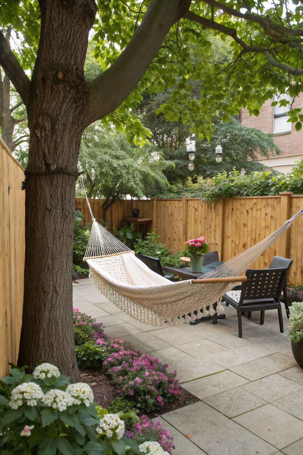 A swing bed offers a cozy hideaway on a tree-shaded patio.