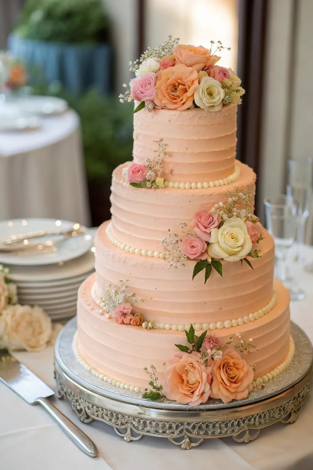 Superb peach-frosted wedding confection that captivates both sight and palate.