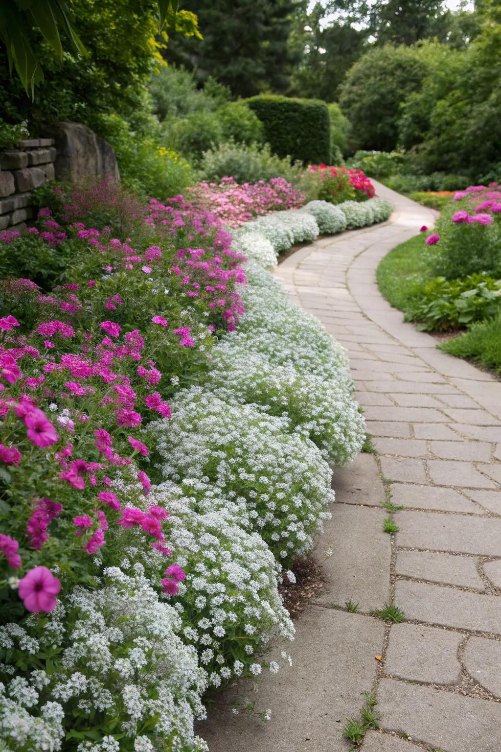 Delicate snowdrift's perfume enhances the striking charm of petunia-lined walkways.