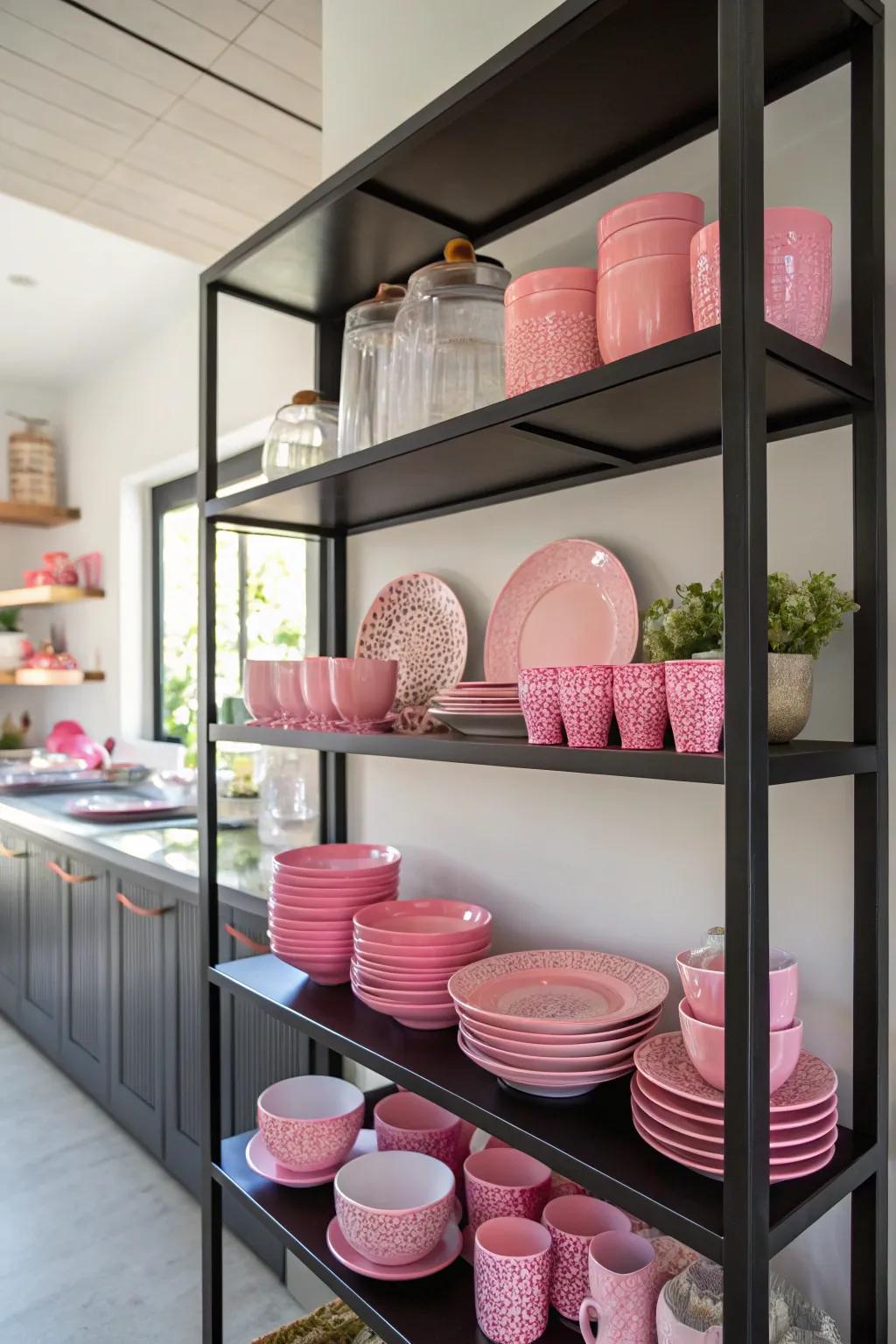 Open shelving offers a practical yet stylish way to showcase your pink kitchenware.