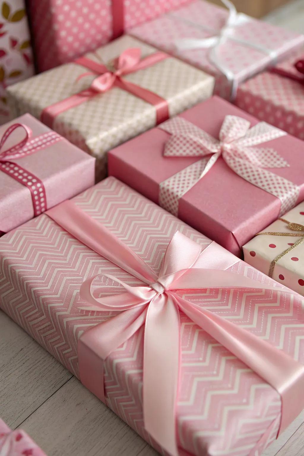 Presents wrapped in rosy paper introduce charm and vibrancy.