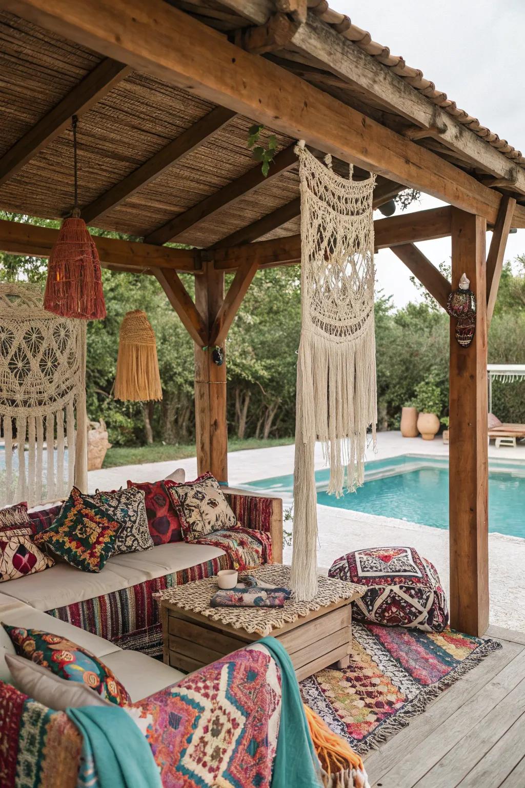 A bohemian cabana with colorful textiles and macramé accents.