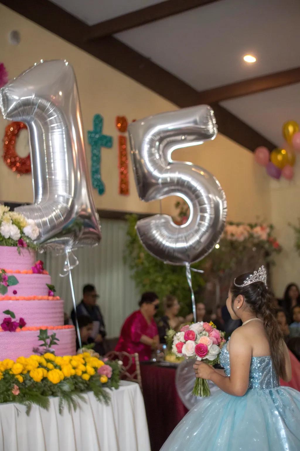 Numerical balloons present a strong declaration for the celebration.