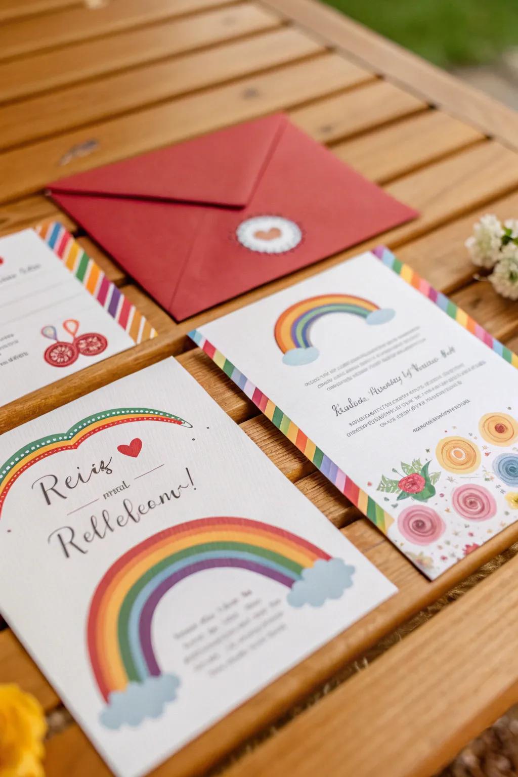 Wedding invitations with a rainbow motif, setting the tone for the grand occasion.