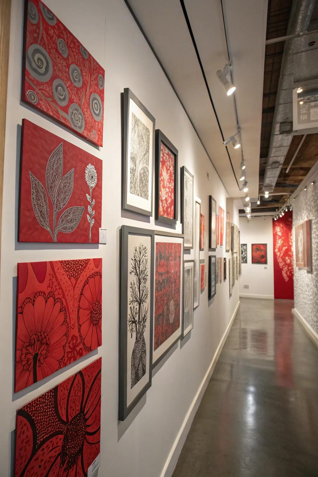 A gallery wall presenting scarlet and silver art.