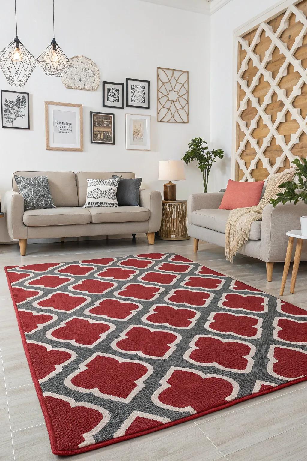 Shape designs breathe a sense of contemporary flair into a red and grey themed living room.