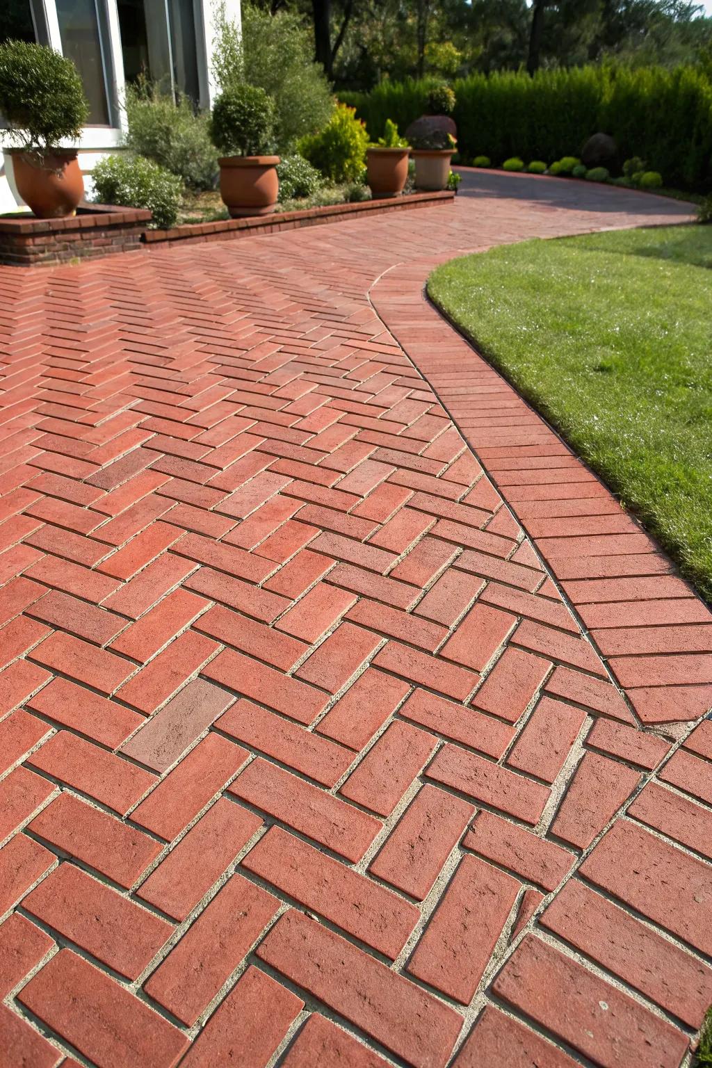 A red brick patio displaying an exquisite herringbone pattern