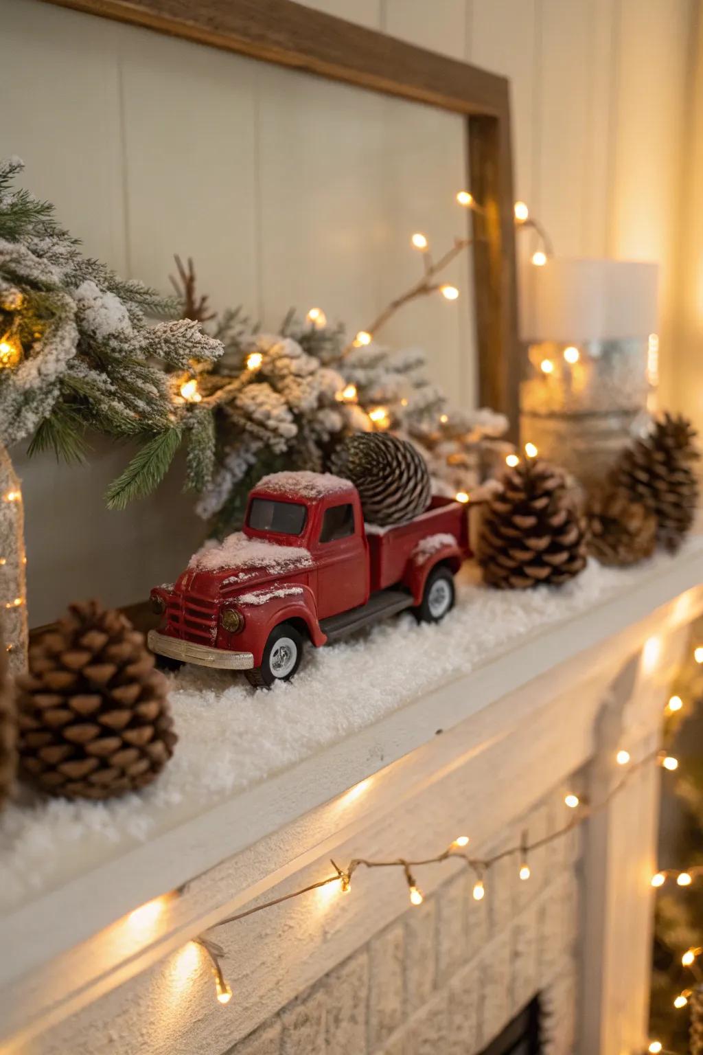 Inviting mantel decorated with a scarlet pickup and festive accents.