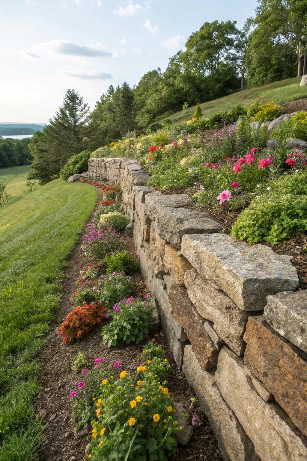 A durable rock support wall backing a lush hillside garden.