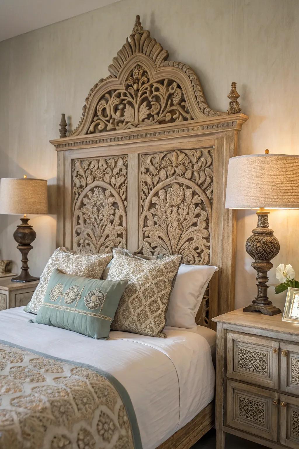 An intricately carved headboard serves as a stunning focal point.