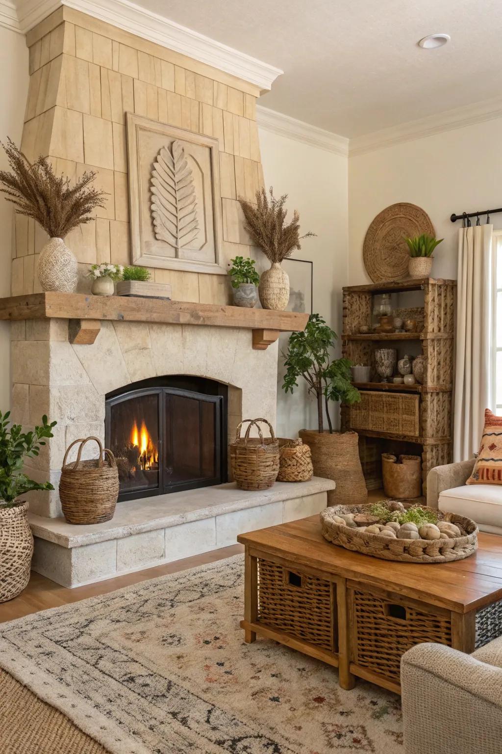 A large hearth serves as both a focal point and functional space in this rustic design.