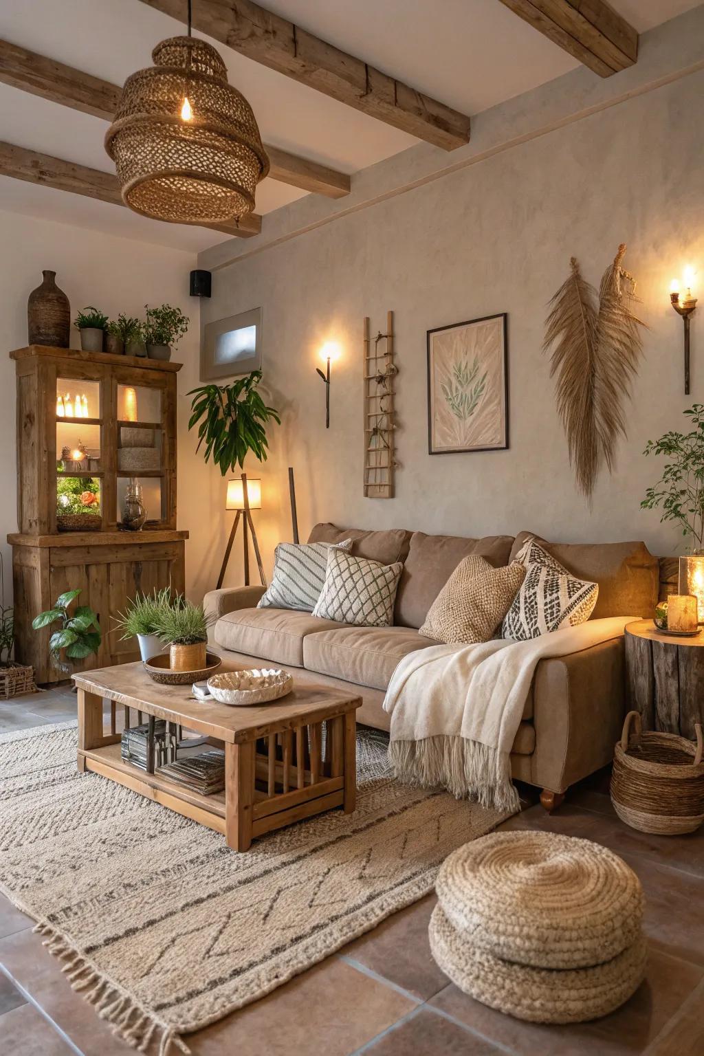 Neutral shades establish a tranquil and welcoming ambiance in countryside living spaces.