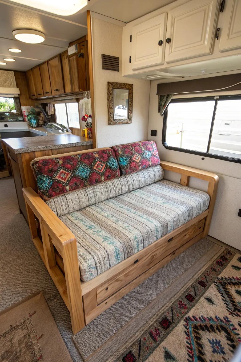 A custom DIY couch gives a personal touch to your RV interior.