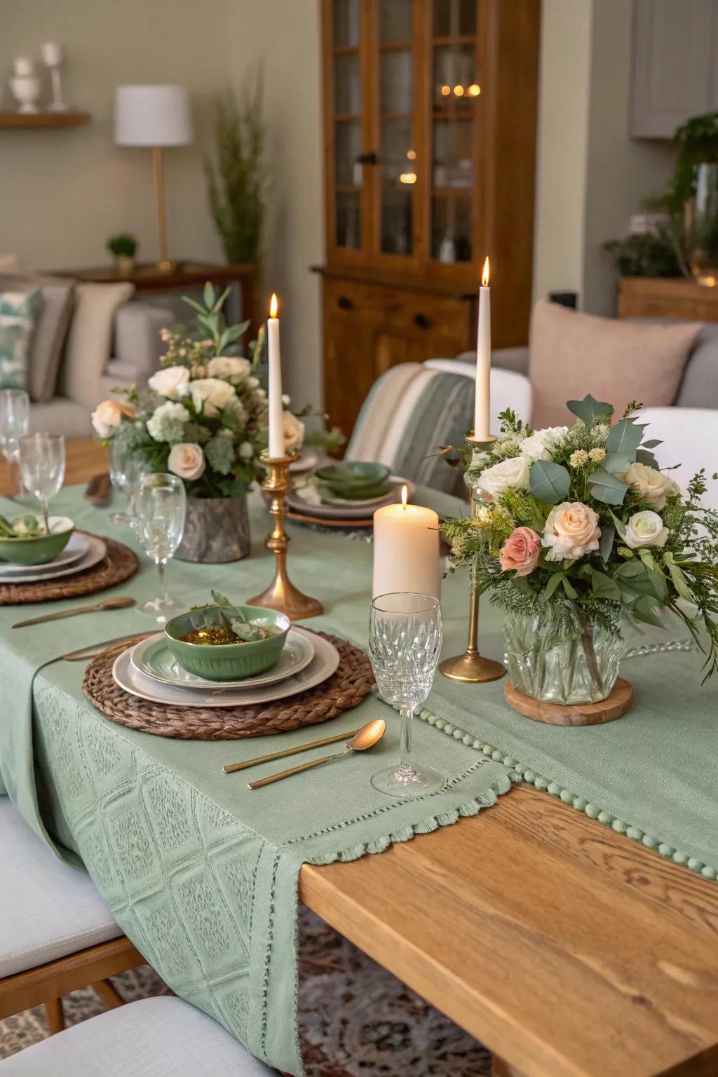 A sage-toned table runner gracefully unites your table's decorative narrative.