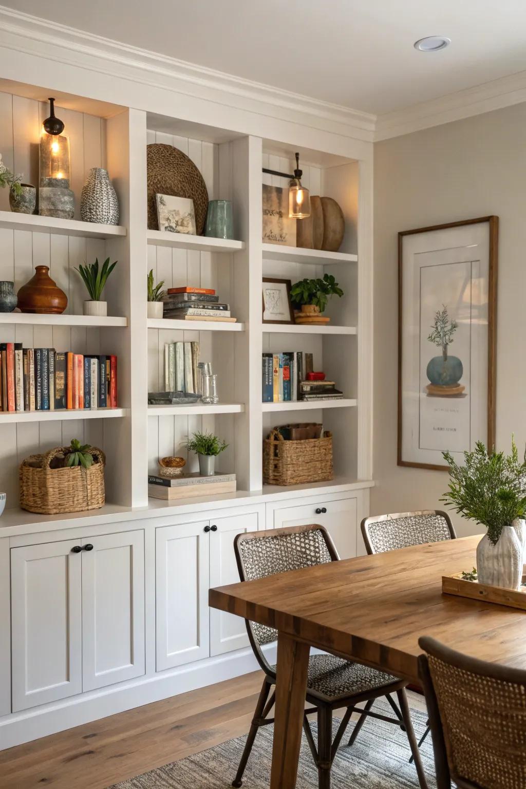 Fitted shelves provide a seamless and stylish storage solution.