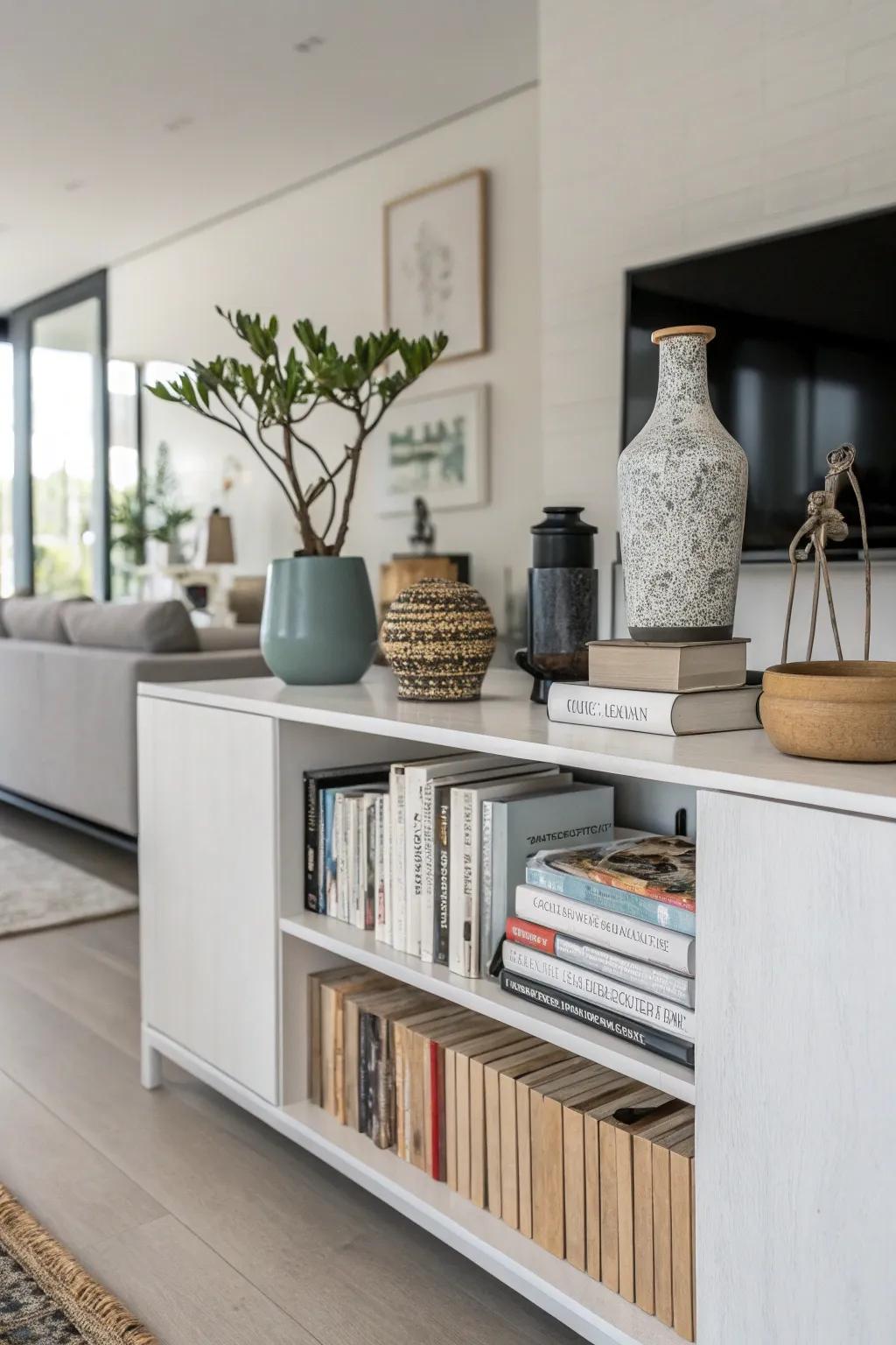 Books stacked on a sideboard create an intriguing base for additional decor.