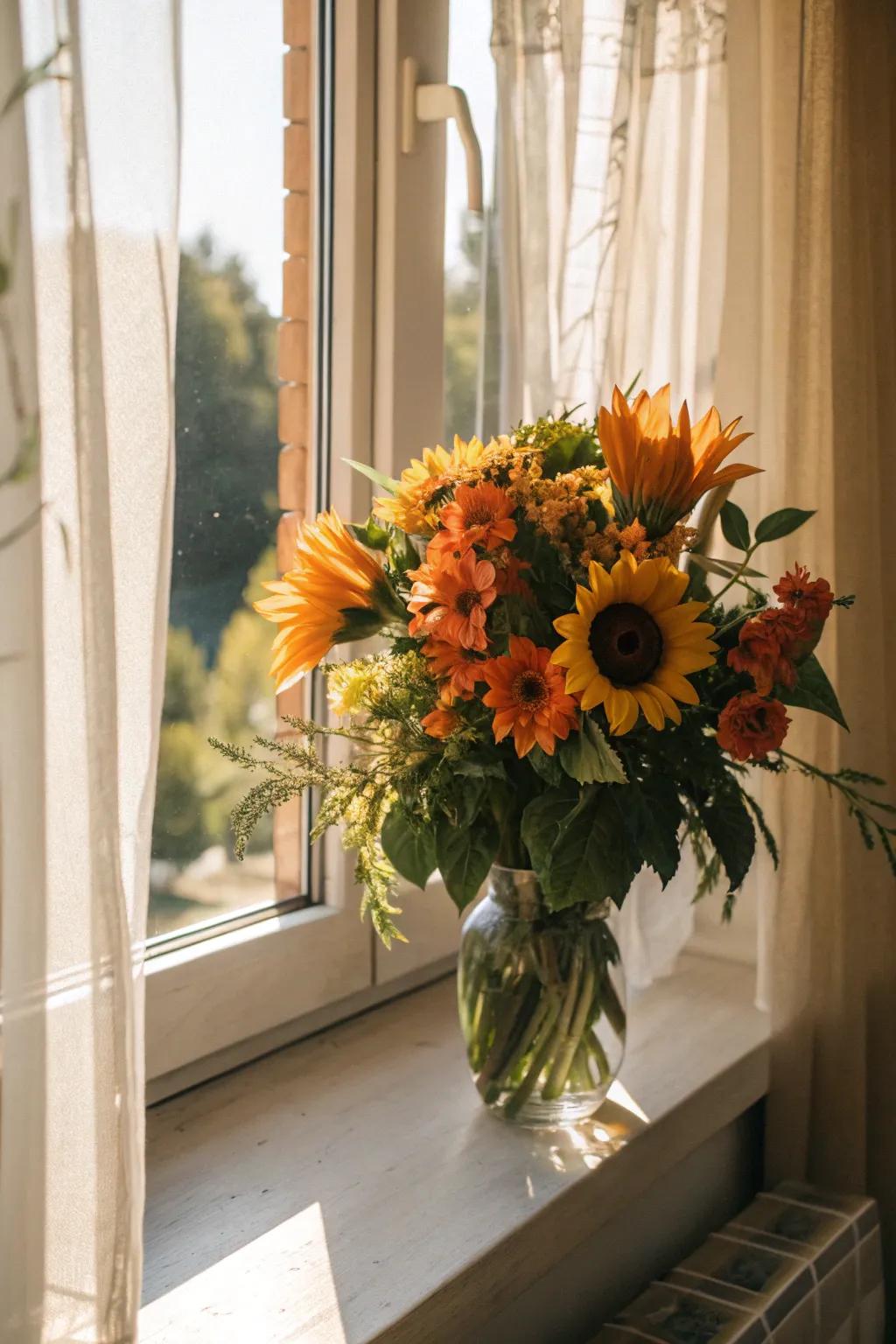 Vibrant sunflowers and orange blooms create a stunning summer centerpiece.