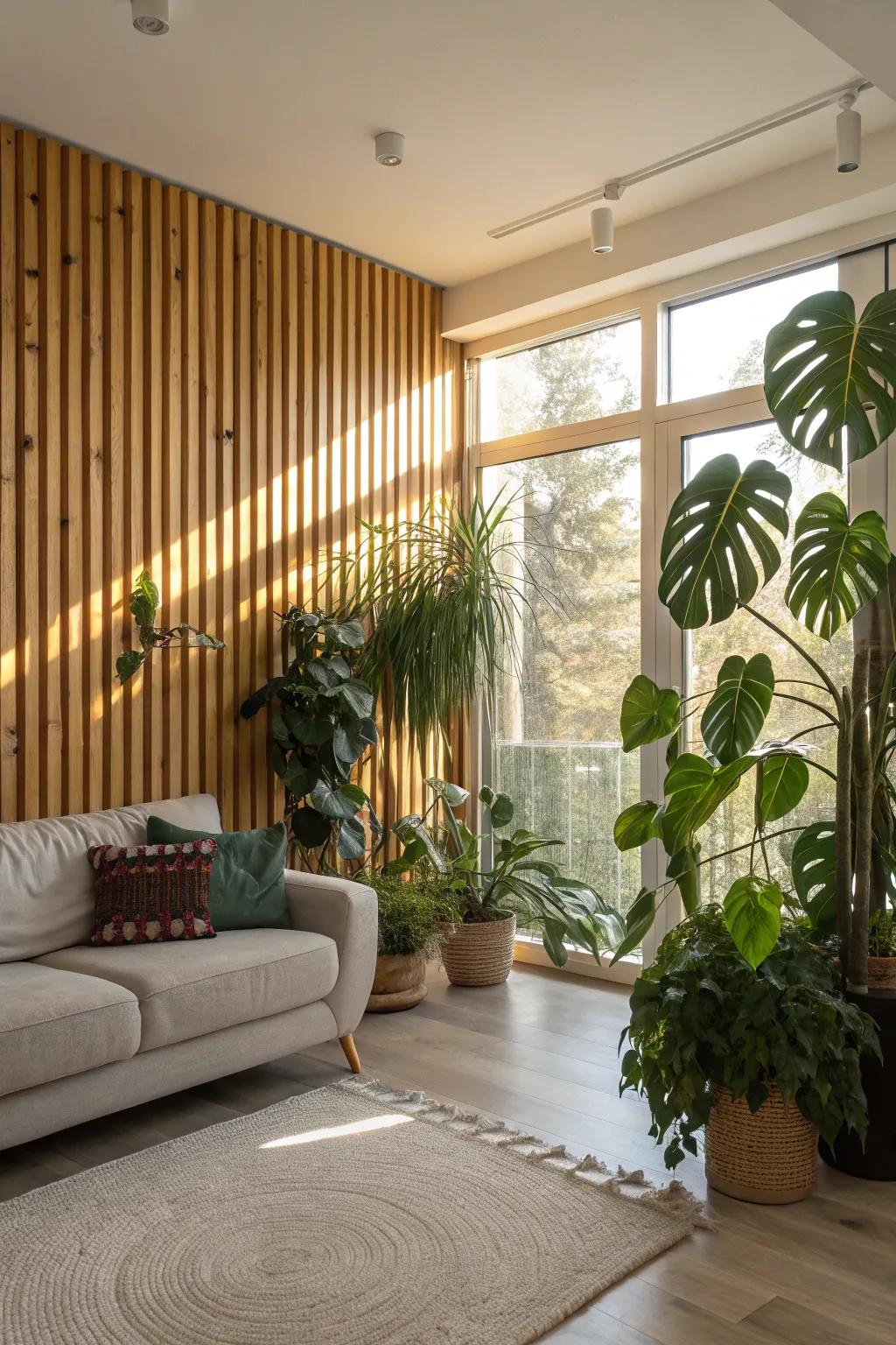 A living space showcasing organic wood slat accents complemented by botanical elements.