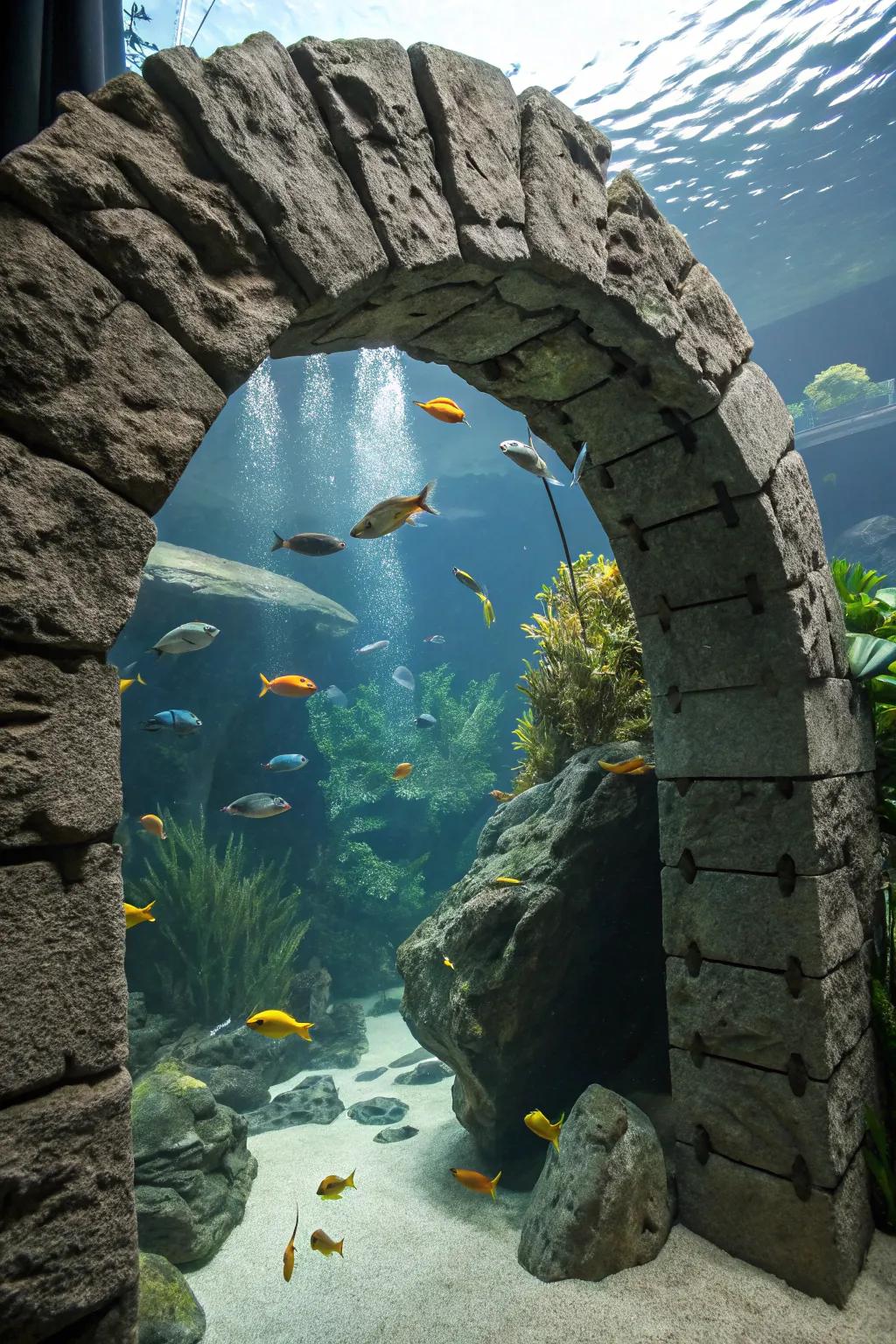 A majestic slate archway in an aquarium.
